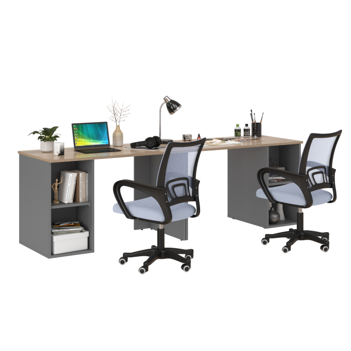 Прямые компьютерные столы, Набор для работы и учёбы из двух столов письменных Лайт 12.163 и двух серых кресел