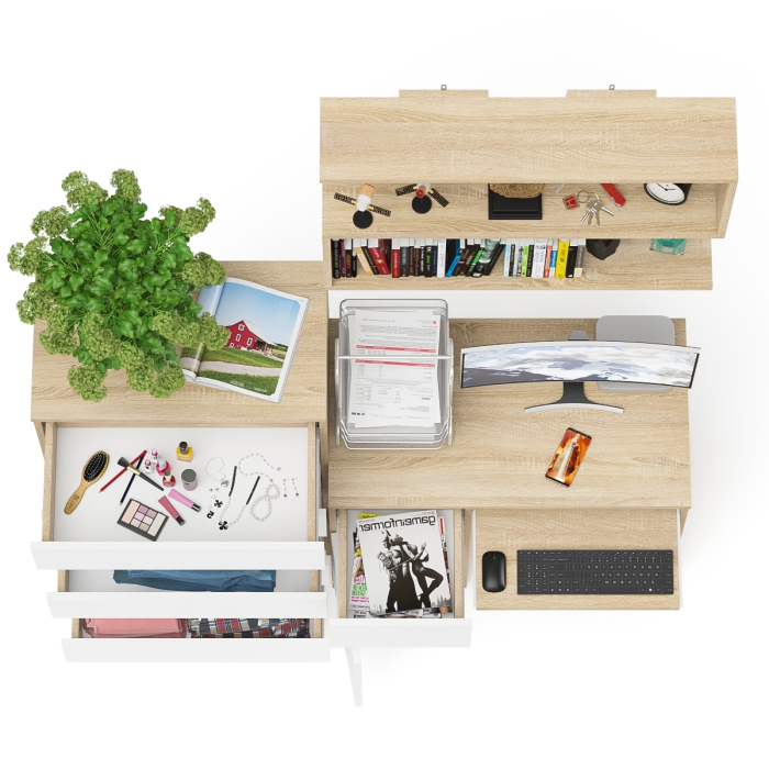 Прямые компьютерные столы, Стол компьютерный Мори с тумбой слева с высоким комодом МК700-5 и полкой 900