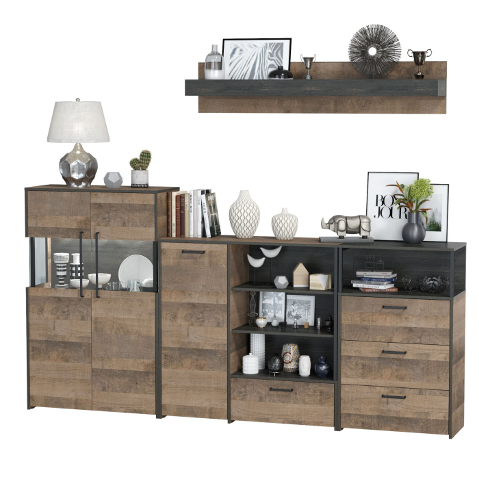 Стенки для гостиной, Комод с витриной с подсветкой с комодом с ящиком и дверкой и с комодом три ящика и ниша Трувор