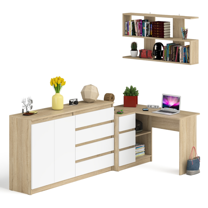 Домашние кабинеты, Угловой компьютерный стол с тремя ящиками Мори МС-16 левый с тумбой-комодом и книжной полкой