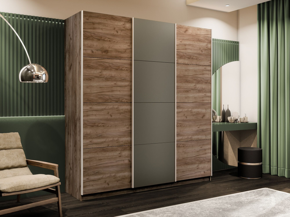 Шкафы-купе 3-х дверные, Шкаф-купе Эста 3-х дверный ДСП/Стекла хаки/Доводчик 270х66х240