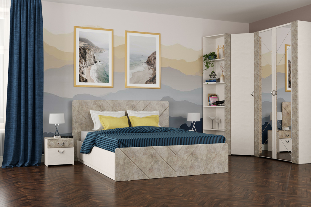 Модульные cпальни, Спальня Амели № 6 шёлковый камень/бетон чикаго беж, 6 предметов мебели