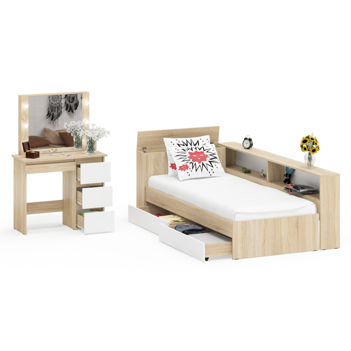 Спальные гарнитуры, Кровать с ящиками с прикроватным блоком для вещей Ксения 900 и столик косметический с подсветкой Сура