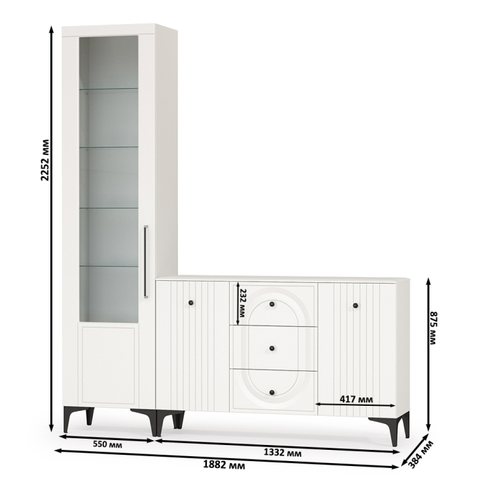 Стенки для гостиной, Пенал со стеклом и комод-ТВ-тумба Валенсия № 92