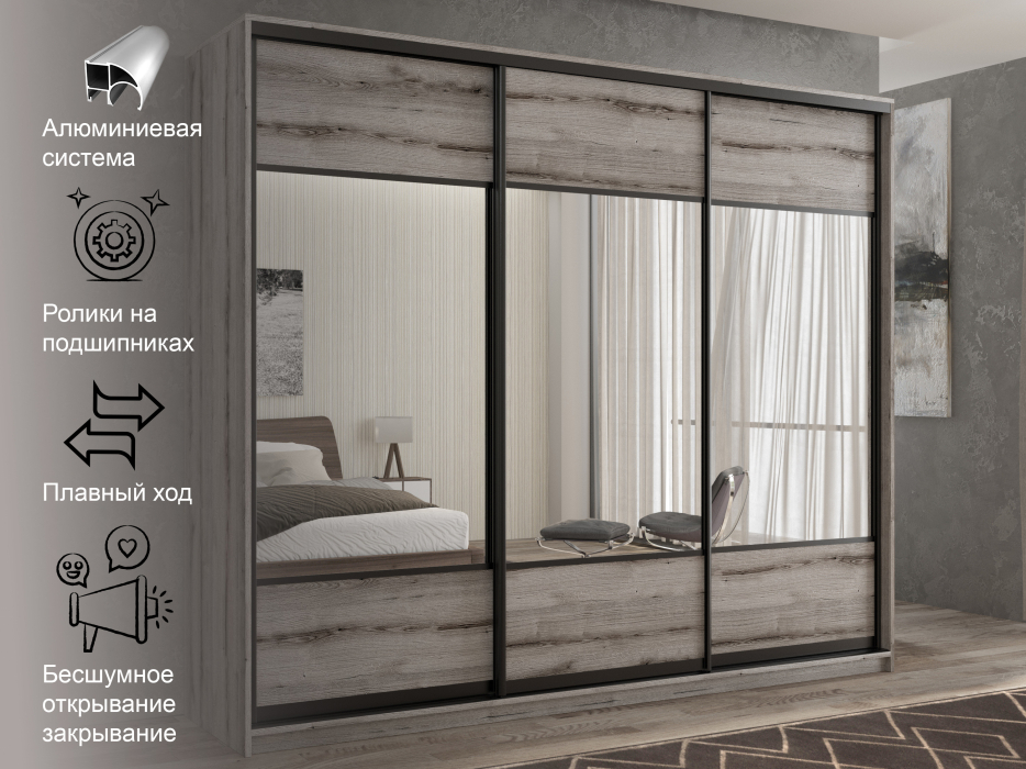 Шкафы-купе 3-х дверные, Шкаф-купе 3х дверный Кааппи 6 210х60