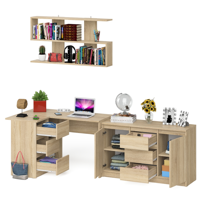 Домашние кабинеты, Угловой компьютерный стол Мори МС-16 левый с верхней полкой и тумбой-комодом 1200-3