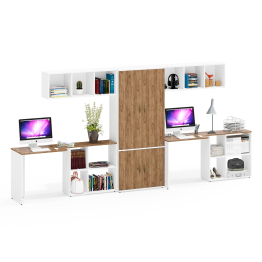 Два письменных стола-трансформера с навесными полками и шкаф для одежы и вещей Лидер-8