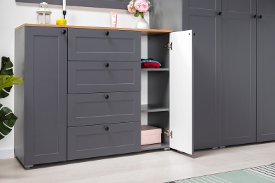 Два шкаф-пенала с полками для прихожей Остин и комод с настенным зеркалом