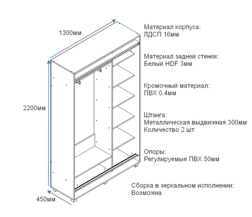Шкафы-купе 2-х дверные, Шкаф купе 1300х450 2-х дверный с выдвижной штангой 1 зеркало Р432