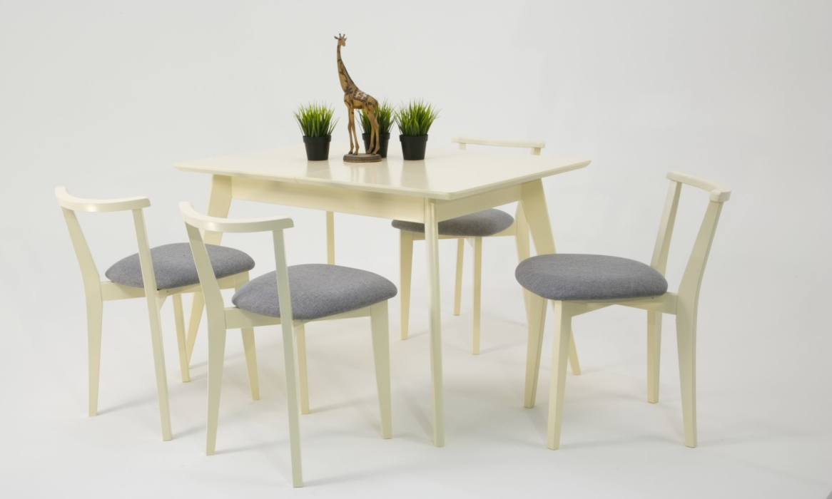 Обеденные группы, Стол Сканди 120 слоновая кость со стульями Франк слоновая кость рогожка серый