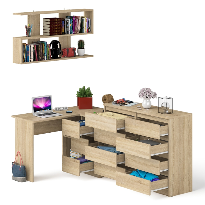 Домашние кабинеты, Стол компьютерный угловой с ящиками Мори МС-16 правый с навесной полкой и комодом МК1200.8