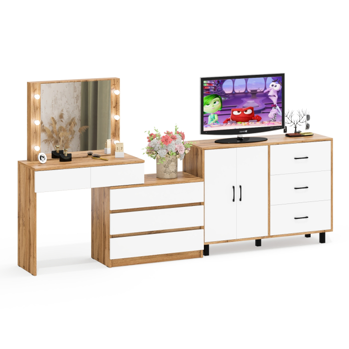 С зеркалом, Стол косметический с подсветкой 110 и тумба-комод с тремя ящиками и дверками 123-1204