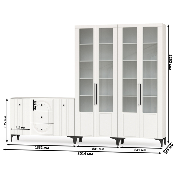Стенки для гостиной, Широкий стеклянный шкаф и тумба-комод Валенсия № 111