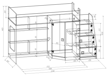 Кровать-чердак с угловым шкафом и угловой лестницей Ridgimmi 2.3