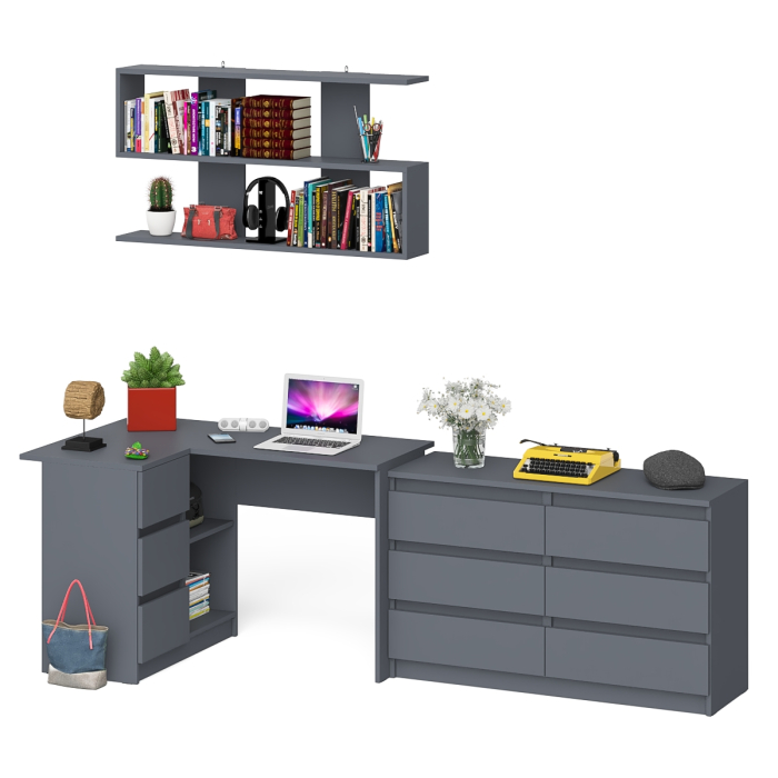 Домашние кабинеты, Стол компьютерный угловой МС-16 левый Мори с полкой для книг и широким комодом
