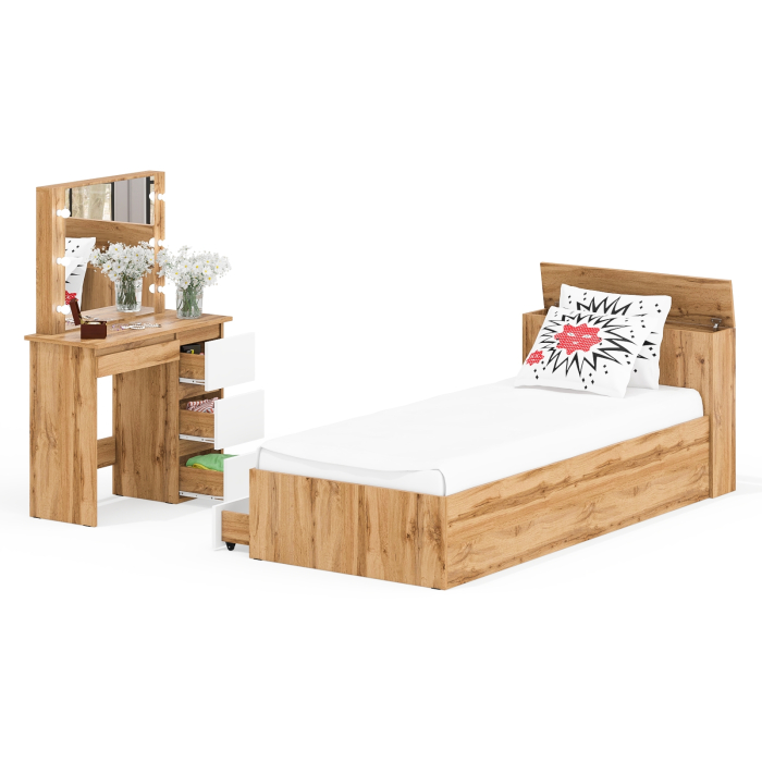 Спальные гарнитуры, Кровать с ящиками Ксения 900 и столик косметический с подсветкой Сура