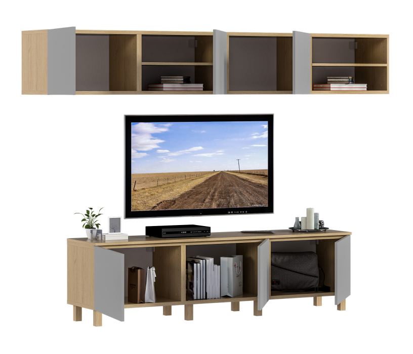 Стенки для гостиной, Гостиная (стенка) на ножках Тренд Дуб Винченца / МДФ Джаз Светло-серый