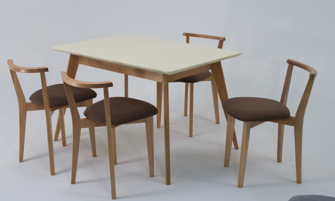 Обеденные группы, Стол Сканди 120 натур/слоновая кость со стульями Франк натур велюр коричневый