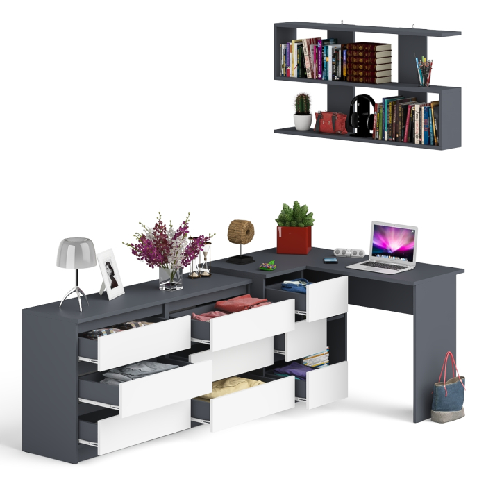 Домашние кабинеты, Стол угловой компьютерный Мори МС-16 левый с навесной книжной полкой и комодом МК1380.6