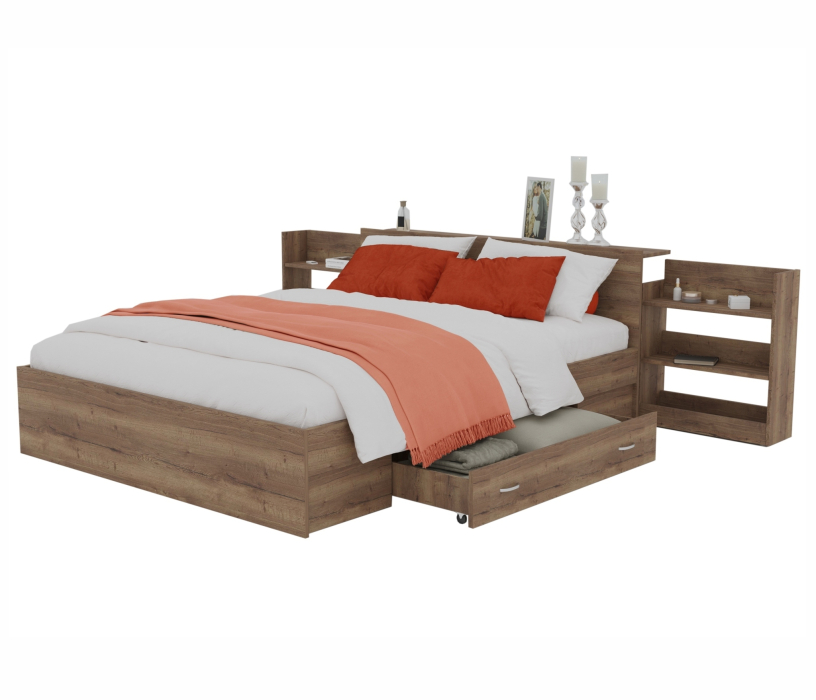 Двуспальные, Кровать Доминика с блоком и ящиком 140 (Дуб Золотой) с матрасом АСТРА