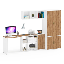 Настенная полка для книг Лидер-8 с рабочим столом с нишей с тумбочкой 3.15 и шкафом 19Б