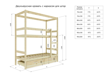 Кровать двухярусная с каркасом для штор 900x2000