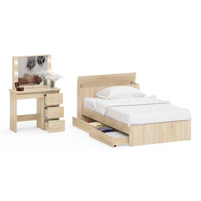 Спальные гарнитуры, Кровать с ящиками полутораспальная Ксения 1200 и туалетный столик с подсветкой Сура