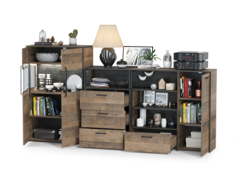 Комод с ящиком Трувор и дверкой с комодом с витриной с подсветкой и комод с тремя ящиками