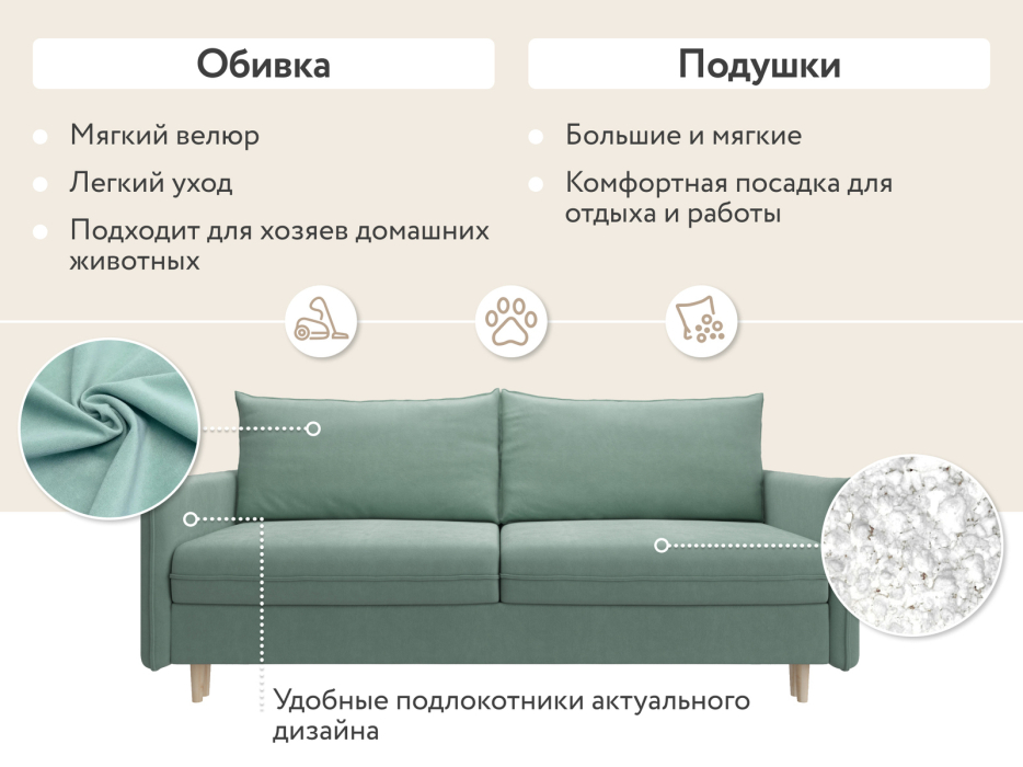 Диваны кровати со спальным местом, Диван-кровать Сканди, велюр