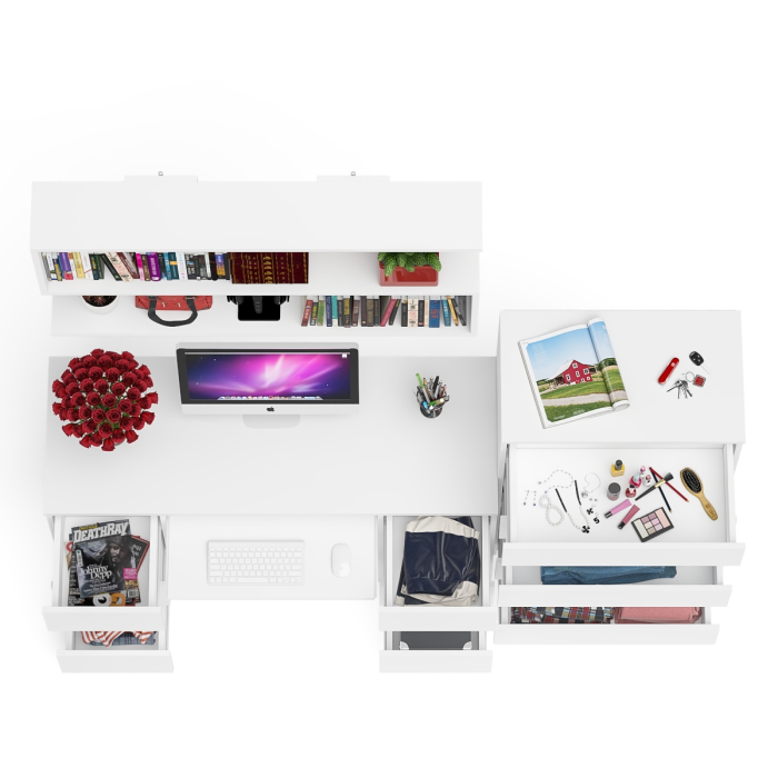 Домашние кабинеты, Стол для работы МС-2 с высоким комодом на пять ящиков и навесной полкой Мори