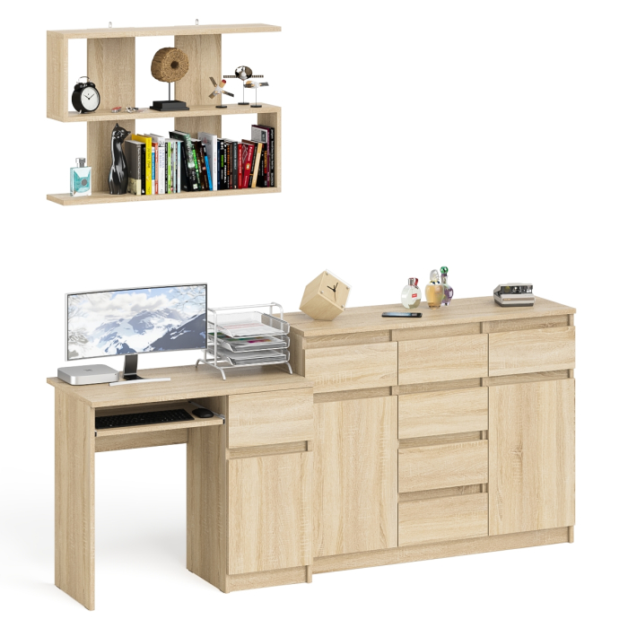 Домашние кабинеты, Тумба-комод Мори МК1200.4 с компьютерным столом МС-1 правый и открытой навесной полкой