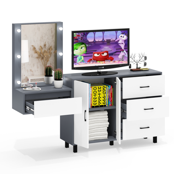 С зеркалом, Стол косметический навесной с подсветкой и тумба-комод 123-1204.