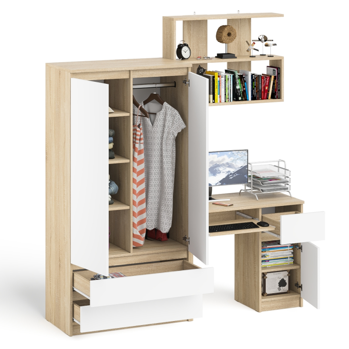 Домашние кабинеты, Стол компьютерный с ящиком МС-1 правый с навесной полкой и шкаф-комод МШ900.1 Мори