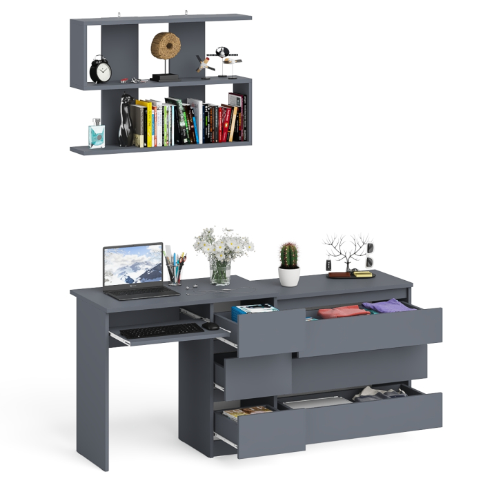 Прямые компьютерные столы, Стол компьютерный Мори МС-6 правый с навсеной полкой сверху и комодом на три ящика