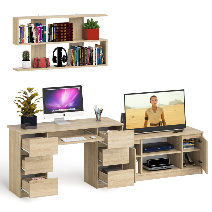 Домашние кабинеты, Письменный стол Мори МС-2 с ТВ-тумбой 1200 и навесной полкой 1200