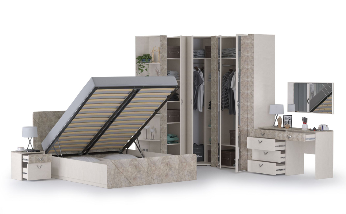 Модульные cпальни, Спальня Амели № 7 шёлковый камень/бетон чикаго беж, 9 предметов мебели