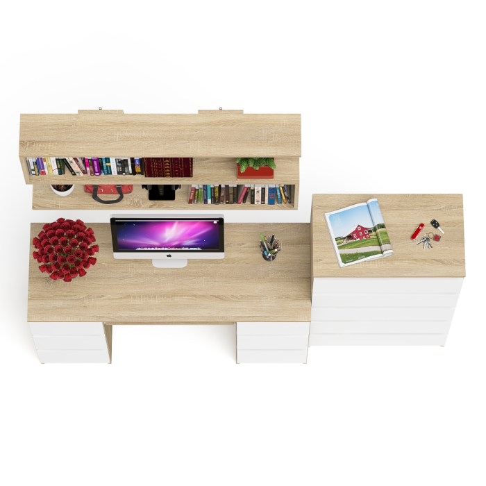 Домашние кабинеты, Стол для работы МС-2 с высоким комодом на пять ящиков и навесной полкой Мори