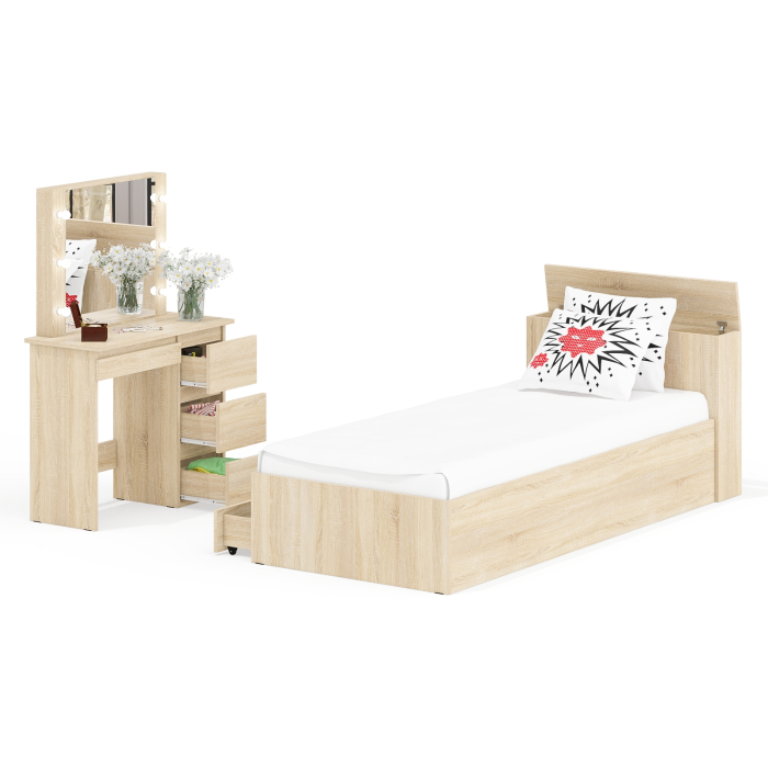 Спальные гарнитуры, Кровать с ящиками Ксения 900 и столик косметический с подсветкой Сура