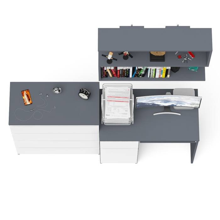 Прямые компьютерные столы, Комод четыре ящика Мори 800-4 со столом компьютерным с тумбой слева и полкой 900