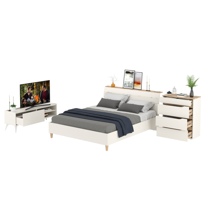 Спальные гарнитуры, Кровать Муссон 1600 с основанием и комод 4-ре ящика с ТВ-тумбой Лайт 13.282