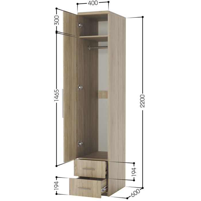 Шкафы распашные, Шкаф для одежды с ящиками Мелодия МШЯ-11 40х60