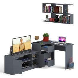 Угловой стол компьютерный Мори МС-16 левый с тумбой под ТВ и полкой для книг