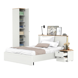 Кровать двуспальная Остин с ортопедом и платяной шкаф-пенал с тумбой прикроватной