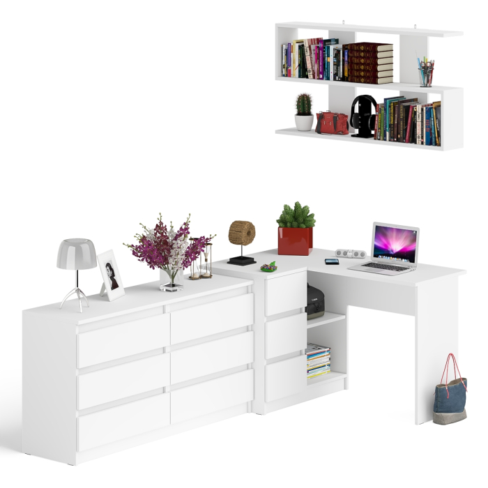Домашние кабинеты, Стол угловой компьютерный Мори МС-16 левый с навесной книжной полкой и комодом МК1380.6