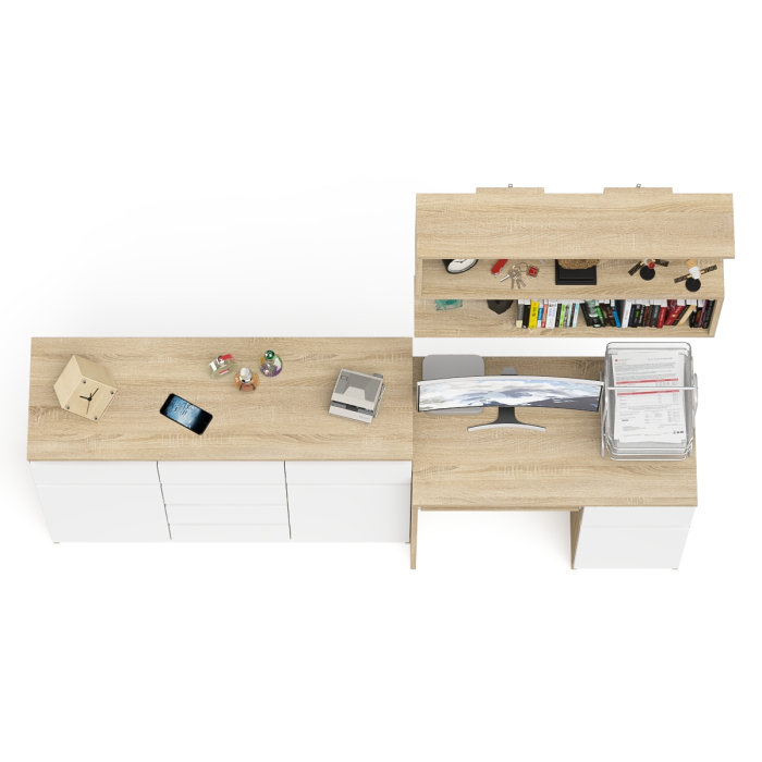 Домашние кабинеты, Тумба-комод Мори МК1200.4 с компьютерным столом МС-1 правый и открытой навесной полкой