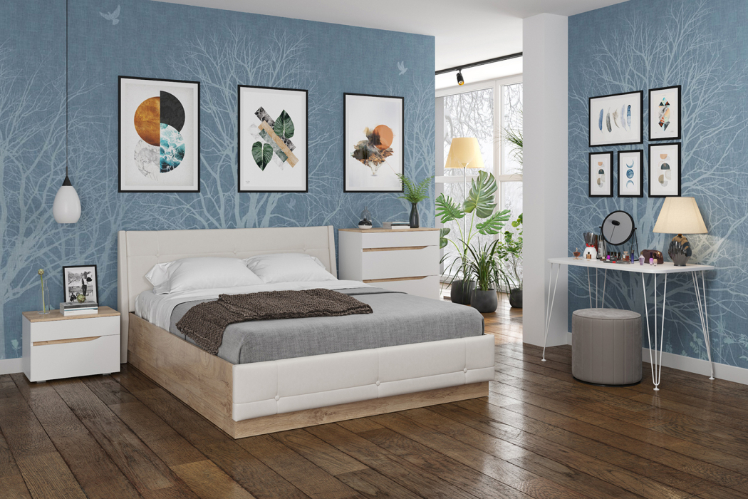 Спальные гарнитуры, Кровать Муссон с подъёмным основанием и тумбой белый/дуб эндгрейн/иск.кожа белая