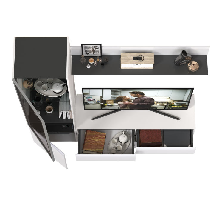 Стенки для гостиной, Шкаф-витрина с навесной полочкой и тумба для ТВ Сидней