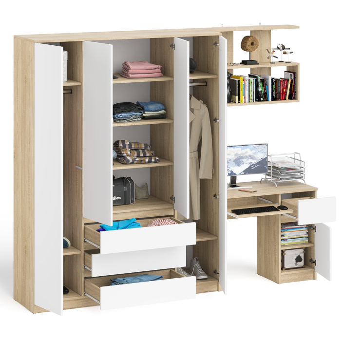 Домашние кабинеты, Стол компьютерный с тумбой справа с большим шкафом Мори МШ1600.1 и полкой открытой