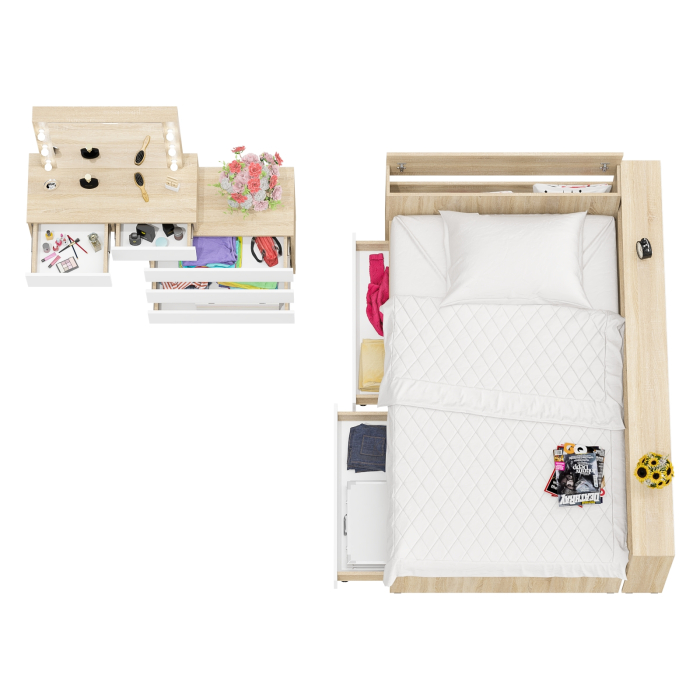 Спальные гарнитуры, Туалетный столик для спальни с подсветкой 110 и Ксения кровать 1200 с ящиками и прикроватный блок