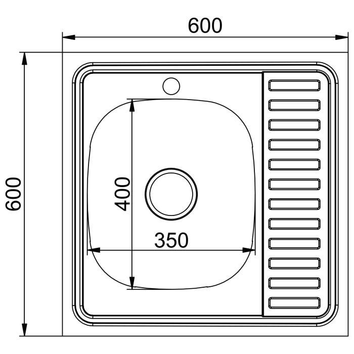 Кухонные мойки, Мойка 60х60 (0,8) прав вып 3 1/2 MIXLINE 18см  с сифоном